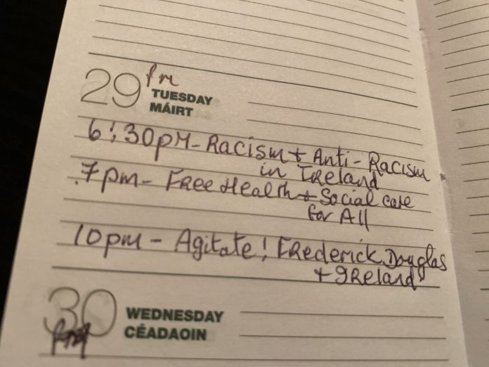 A photo of a diary that lists some events coming up on Tuesday.