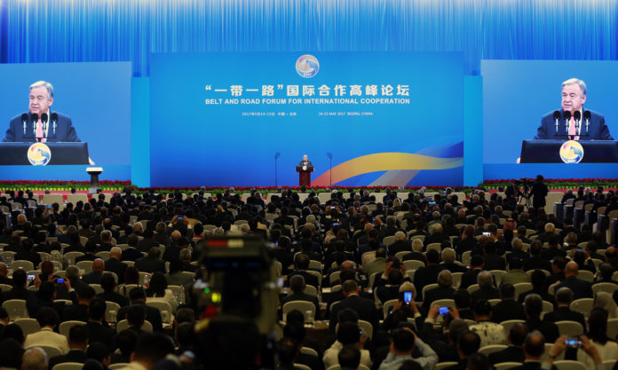 A photo of Secretary-General António Guterres addresses the Belt and Road Initiative Forum on International Cooperation.