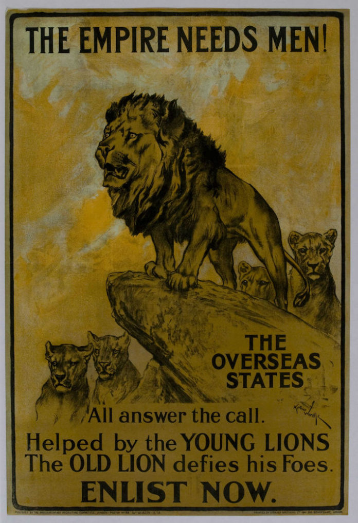 The artist Arthur Wardle used the imagery of a pride of lions with the text ‘The Empire needs men!’ This poster printed in 1915 addresses the Commonwealth stating ‘The overseas states all answer the call. Helped by the young lions the old lion defies his foes. Enlist now.’