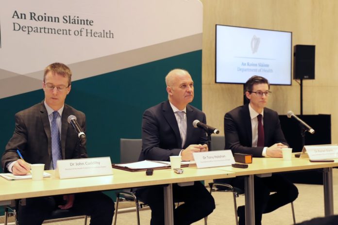 Dr Tony Holohan; Dr. Ronan Glynn, Deputy CMO, and Dr. John Cuddihy, Director, Health Protection Surveillance Centre giving a technical media briefing on COVID-19.