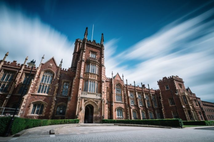 A photo of the front of QUB.