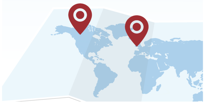 A map of the world with tags at Canada and Ireland