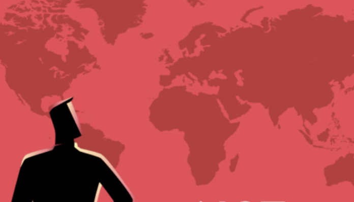 A cartoon man stands in front of a map of the world. This image is taken from the cover of the FJI Business Studies report.