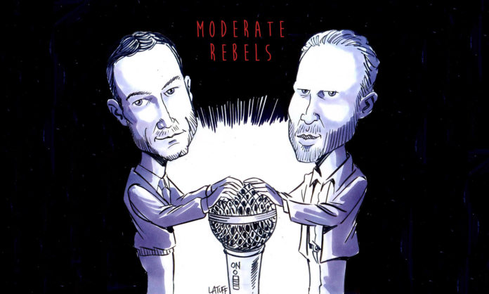 A cartoon of Ben Norton and Max Blumenthal holding on to a large microphone that's like a globe.