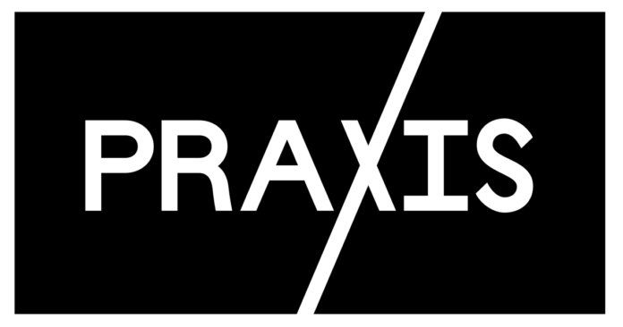 A black square with the word PRAXIS in white.