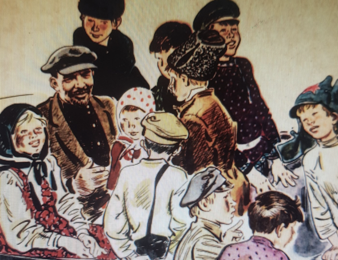 A clip from a children's story of Lenin and a number of children