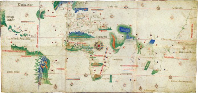 An old map with the coasts of Europe and Africa fairly correct but with less and less information about everywhere else.