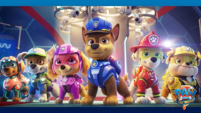 A promotional image from Paw Patrol: The Movie of six cartoon dogs in uniforms.